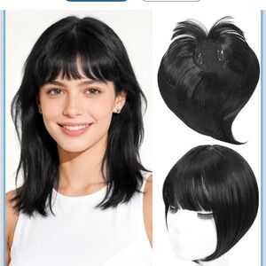 Synthetic Hair Toppers with Clip in Bangs Straight Hair Clip 360° Black, 10 Inch